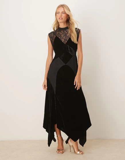 ДИЗАЙНЕРСКОЕ макси-платье из бархата и кружева ASOS DESIGN с подолом в виде платка черного цвета black