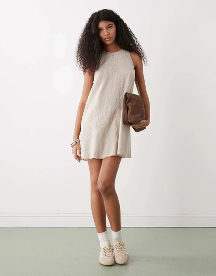 Женское мини-платье Monki из льняного микса, без рукавов, бежевое