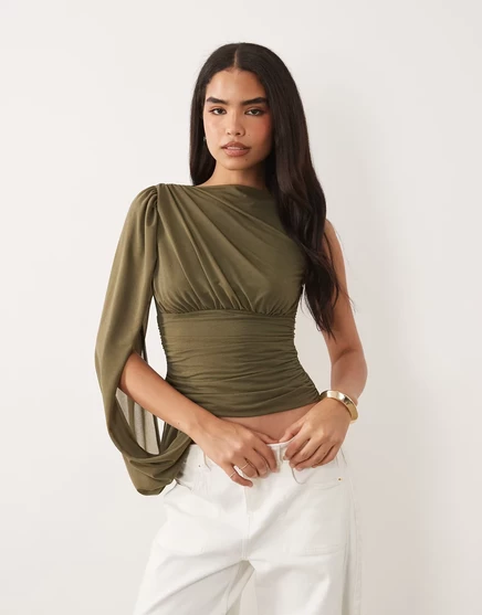 Асимметричный топ-накидка с рюшами на рукавах от ASOS DESIGN цвета хаки