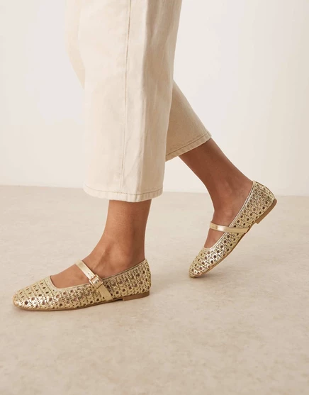 Дизайнерские балетки Lottie mary jane широкого кроя от ASOS из золотистой ткани gold weave