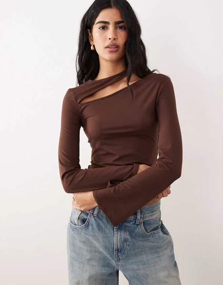 ДИЗАЙНЕРСКИЙ хлопковый топ с длинными рукавами ASOS и вырезами шоколадного цвета chocolate