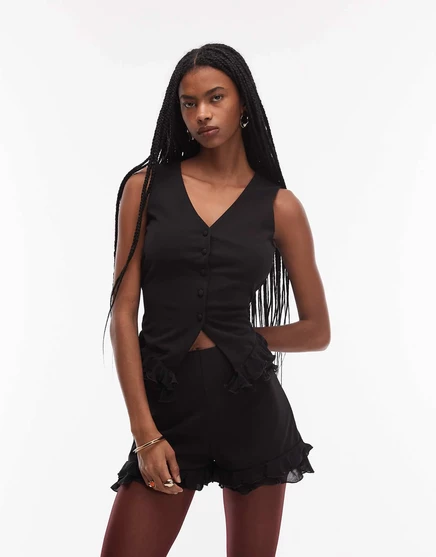 Дизайнерские мини-шорты ASOS черного цвета с контрастными сетчатыми оборками - часть комплекта black