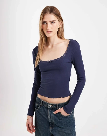 Темно-синий топ в рубчик с квадратным вырезом Miss Selfridge navy
