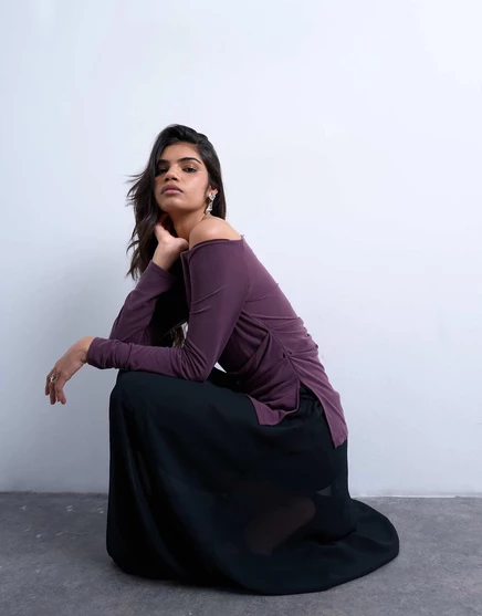 Топ с длинными рукавами и медными рюшами от Topshop сливового цвета port royale