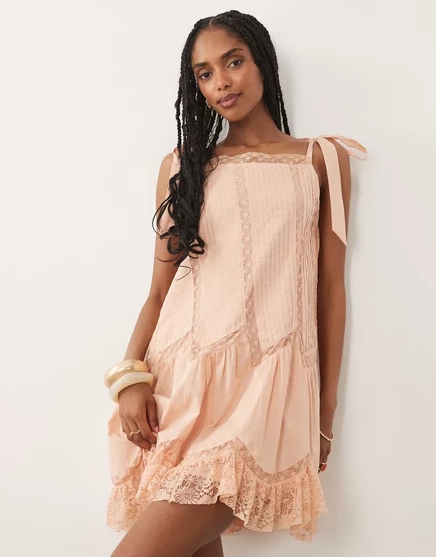 Женское платье Miss Selfridge мини с завязками и кружевом, персиковое