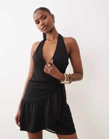 Женское мини-платье Gina Tricot с запахом в горох, черное