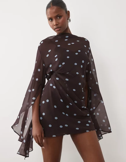 Женское платье ASOS Design кейп‑рукава, коричневое в горох