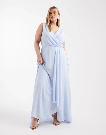 Макси-платье с драпированным шифоновым верхом TFNC Plus Bridesmaid Yida для подружек невесты нежно-голубого цвета blue