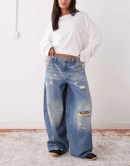 Джинсы-баллоны COLLUSION XL с низкой посадкой, поношенные и постиранные worn wash