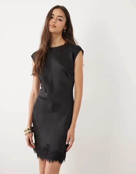 Женское мини-платье ASOS Tall атласное с кружевом, черное