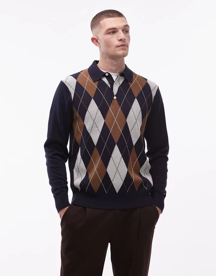 Трикотажная рубашка-поло для регби с длинным рукавом и рисунком Tommy Hilfiger argyle темно-синего и коричневого цветов  desert sky