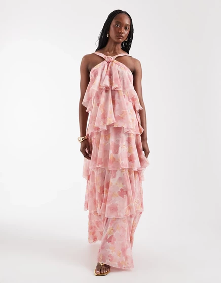 Vero Moda Tall Felicia halterneck tiered maxi dress with corsage detail in pink watercolor floral print angel wing