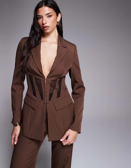Женский пиджак ASOS Luxe Cinched, с контрастом, коричневый