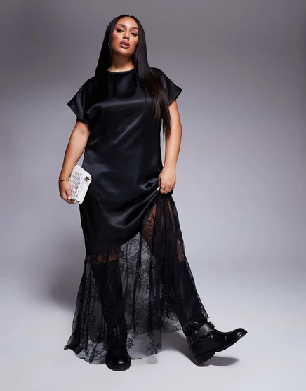 Макси-платье-футболка ASOS DESIGN Curve из атласа и кружева черного цвета black