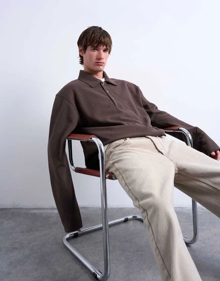 Вафельная толстовка-поло Topman облегающего кроя коричневого цвета brown