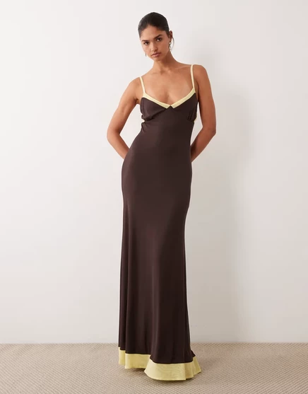 Женское макси-платье-комбинация asos design с контрастной сеткой, шоколадное