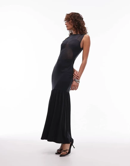 Макси-платье из смесовой ткани ASOS DESIGN с сетчатыми вставками черного цвета black