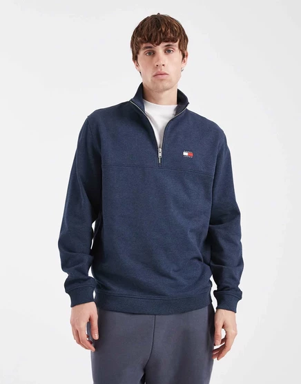 Темно-синий свитер с логотипом флага на груди Tommy Jeans на молнии 1/4  navy