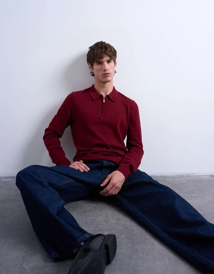 Трикотажное поло Topman essential на молнии бордового цвета burgundy