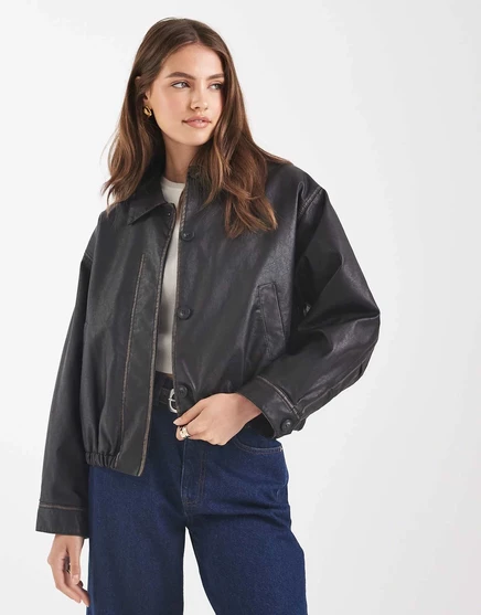 Дизайнерская винтажная куртка-бомбер из постиранной кожи ASOS DESIGN черного цвета washed black