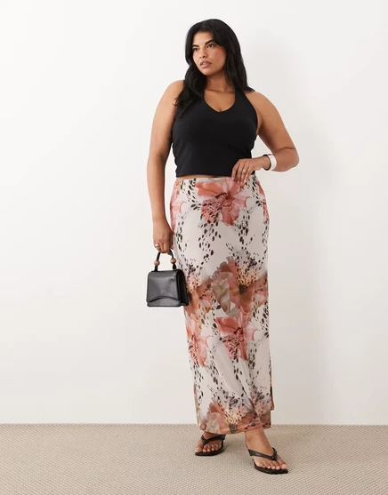 Макси-юбка ASOS DESIGN Curve из прозрачной сетки в горошек с цветочным рисунком в горошек с цветочным рисунком