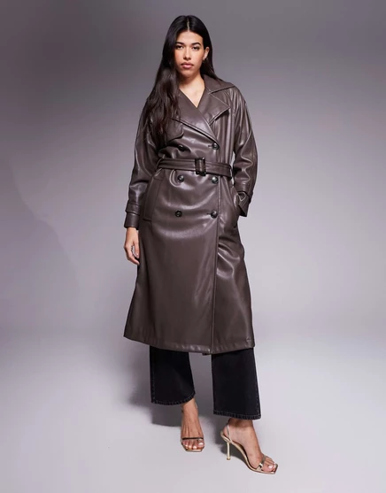 Женский тренч River Island из искусственной кожи, тёмно-коричневый