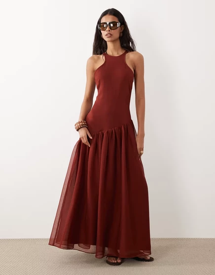 Женское платье макси ASOS Design с борцовской спинкой и асимметричной заниженной талией, темно-кирпичное