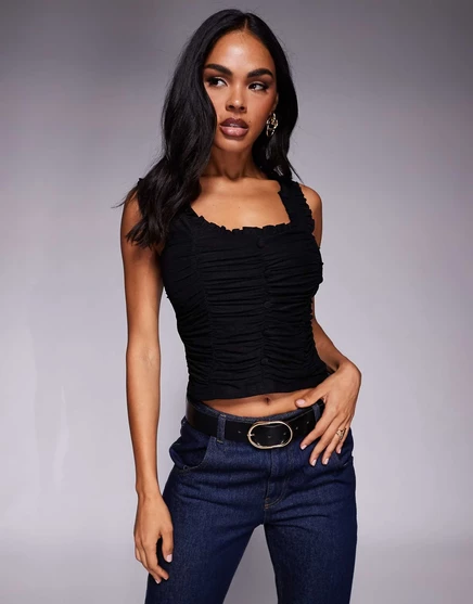 Черный топ с рюшами и пуговицами спереди от ASOS DESIGN milkmaid black