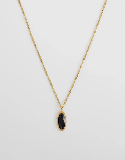 ASOS DESIGN водонепроницаемое овальное ожерелье из черного искусственного камня с подвеской из нержавеющей стали золотого оттенка