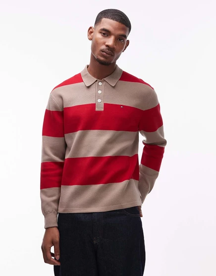 Футболка-поло Tommy Hilfiger color block в полоску с длинным рукавом для регби красно-коричневого цвета  multi