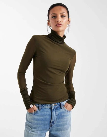 Топ из трикотажа и сетки Daisy Street зеленого цвета хаки с длинными рукавами khaki