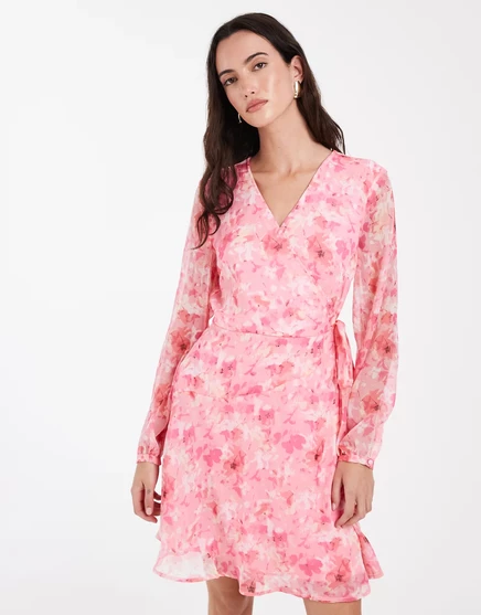 Шифоновое мини-платье Vero Moda Smilla с запахом спереди и длинными рукавами розового цвета с цветочным принтом rose shadow sally