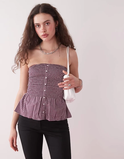 Кружевной топ-бандо Motel soter на пуговицах винного цвета mini gingham wine