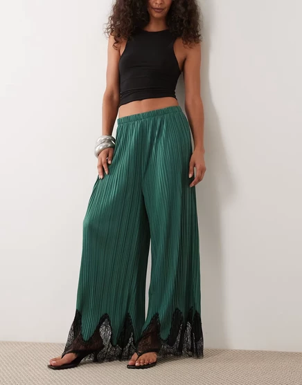 Женские прямые брюки Asos Design плиссе с кружевом, бирюзовые