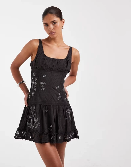 Женское мини-платье ASOS Design с кружевными вставками, графитовое