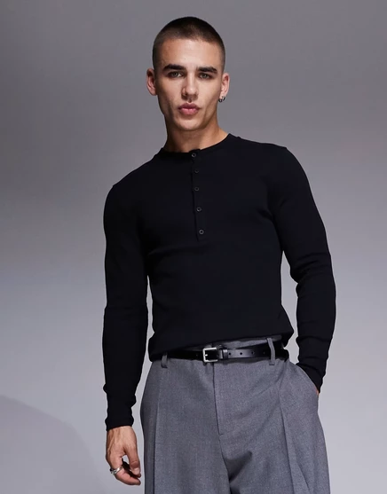 Мужская футболка ASOS Design Henley, черная