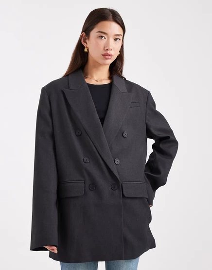 Женский двубортный пиджак с подплечниками ASOS Design, серый меланж