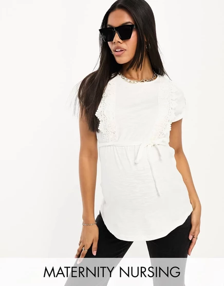 Белая футболка для кормящих мам с кружевной отделкой Mamalicious Maternity white