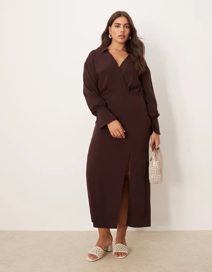 Женское миди-платье ASOS Curve на запах, с швами, шоколадный