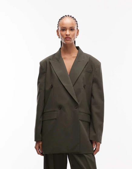 Двубортный костюм-блейзер оливкового цвета с широкими плечами от ASOS DESIGN olive green