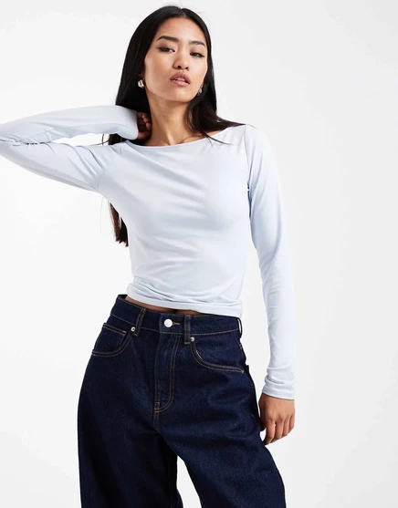 Женский бесшовный топ Hollister с вырезом-слэш и длинными рукавами, голубой