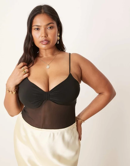 ОБЛЕГАЮЩЕЕ сетчатое боди с закручивающимся бюстом от ASOS DESIGN Curve черного цвета black