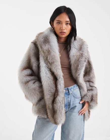 ДИЗАЙНЕРСКОЕ пальто из искусственного меха ASOS с изящной отделкой в синих и коричневых тонах blue and brown