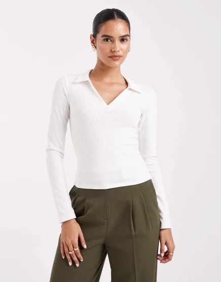 Кремовый топ-поло Miss Selfridge в рубчик с длинным рукавом cream