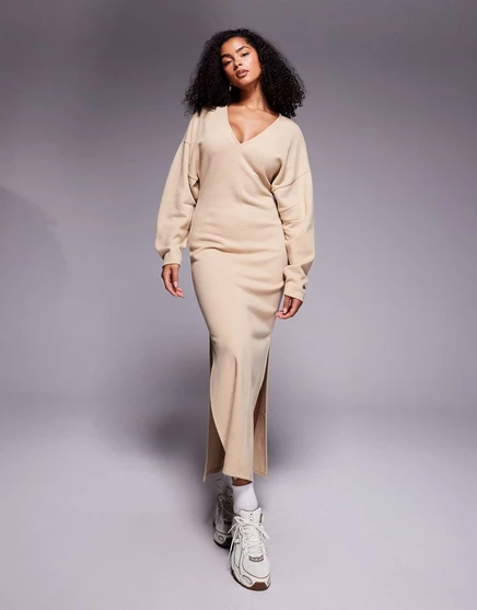 Макси-платье ASOS DESIGN supersoft с v-образным вырезом и открытыми плечами из камня stone