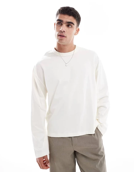 ДИЗАЙНЕРСКАЯ футболка ASOS DESIGN heavyweight oversize с длинным рукавом свободного кроя бежевого цвета  coconut milk