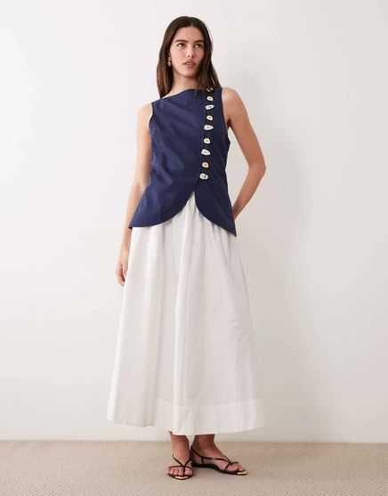 ДИЗАЙНЕРСКОЕ льняное платье макси-жилет из смеси льна ASOS с поплиновой юбкой темно-синего и белого цветов