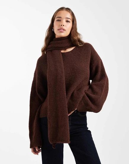ДИЗАЙНЕРСКИЙ вязаный свитер ASOS с прикрепленным к нему шарфом из шерсти коричневого цвета brown