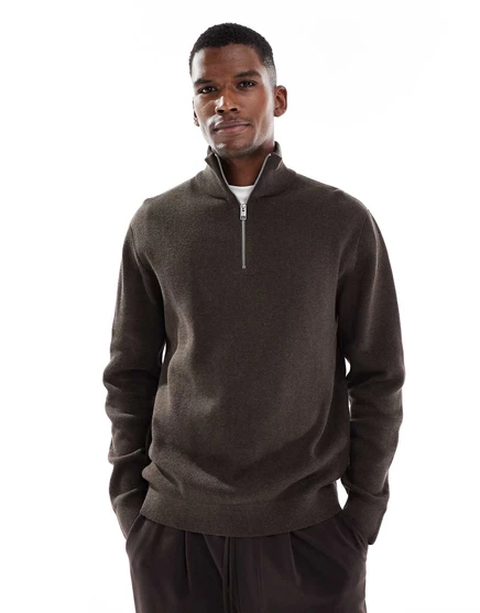 Коричневый свитер премиум-класса из трикотажа Jack &Jones с застежкой-молнией на четверть дюйма delicioso