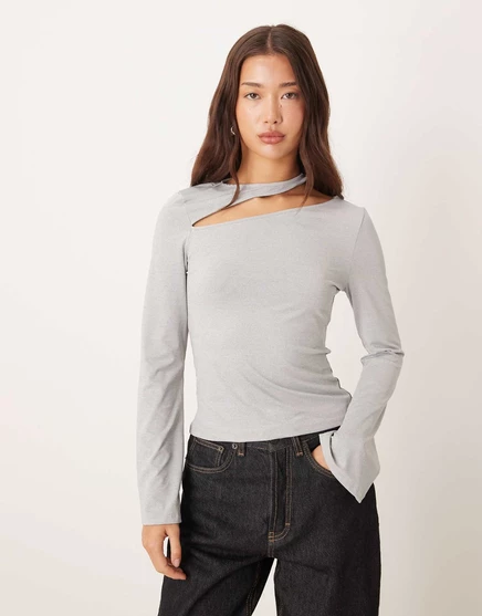 ДИЗАЙНЕРСКИЙ хлопковый топ ASOS с длинными рукавами и вырезами из серого вереска gray heather